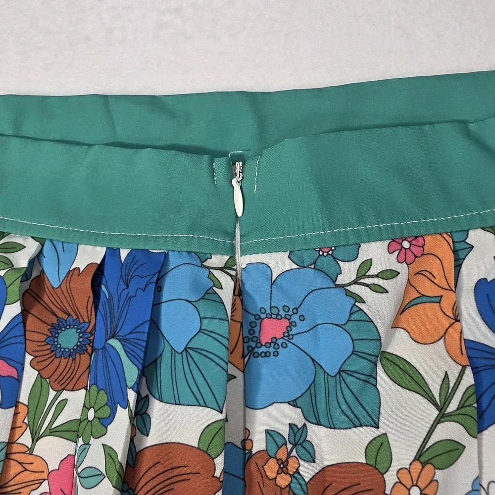 Retro 60's 70's Style Pleated Floral Border Skirt‎ Mod Flower Power Midi Skirt L